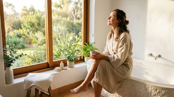 Femme se ressourçant près d'une fenêtre lumineuse en sortant de son bain après une période de fatigue