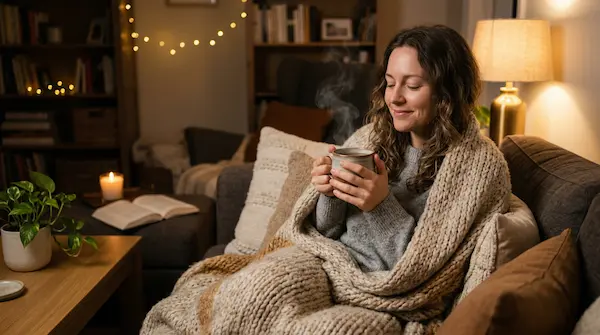 Femme se reposant avec une boisson chaude pendant un rhume