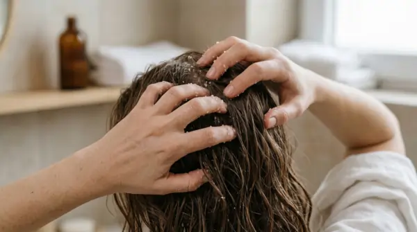 Personne appliquant du sel d'Epsom dans ses cheveux